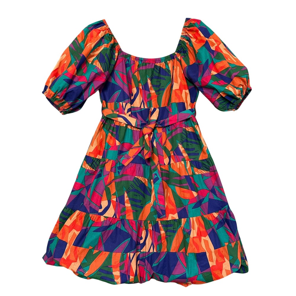 Sim & Sam Womens M Abstract Tropical Tiered Mini Dress Puff Sleeve Anthropologie